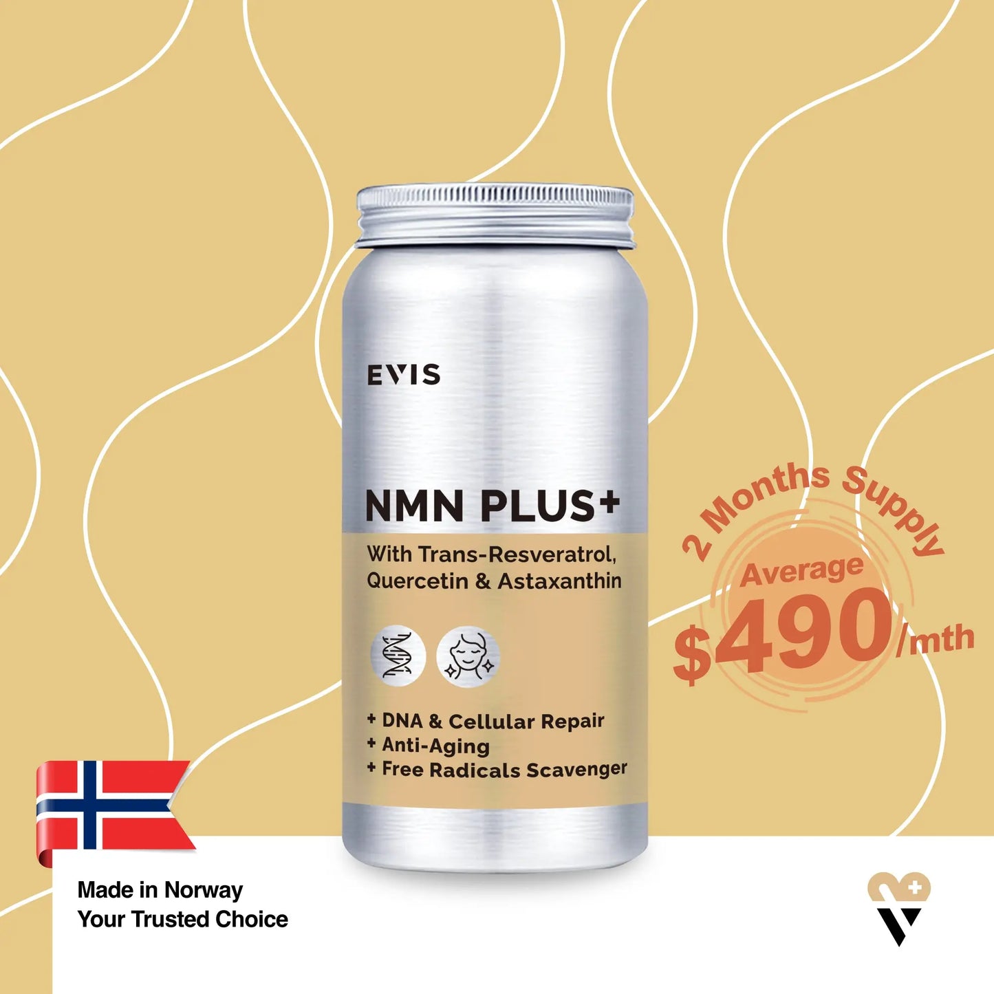 NMN PLUS+研活美肌 (添加白藜蘆醇、槲黃素及蝦青素) | 120粒裝 2個月份量 EVIS