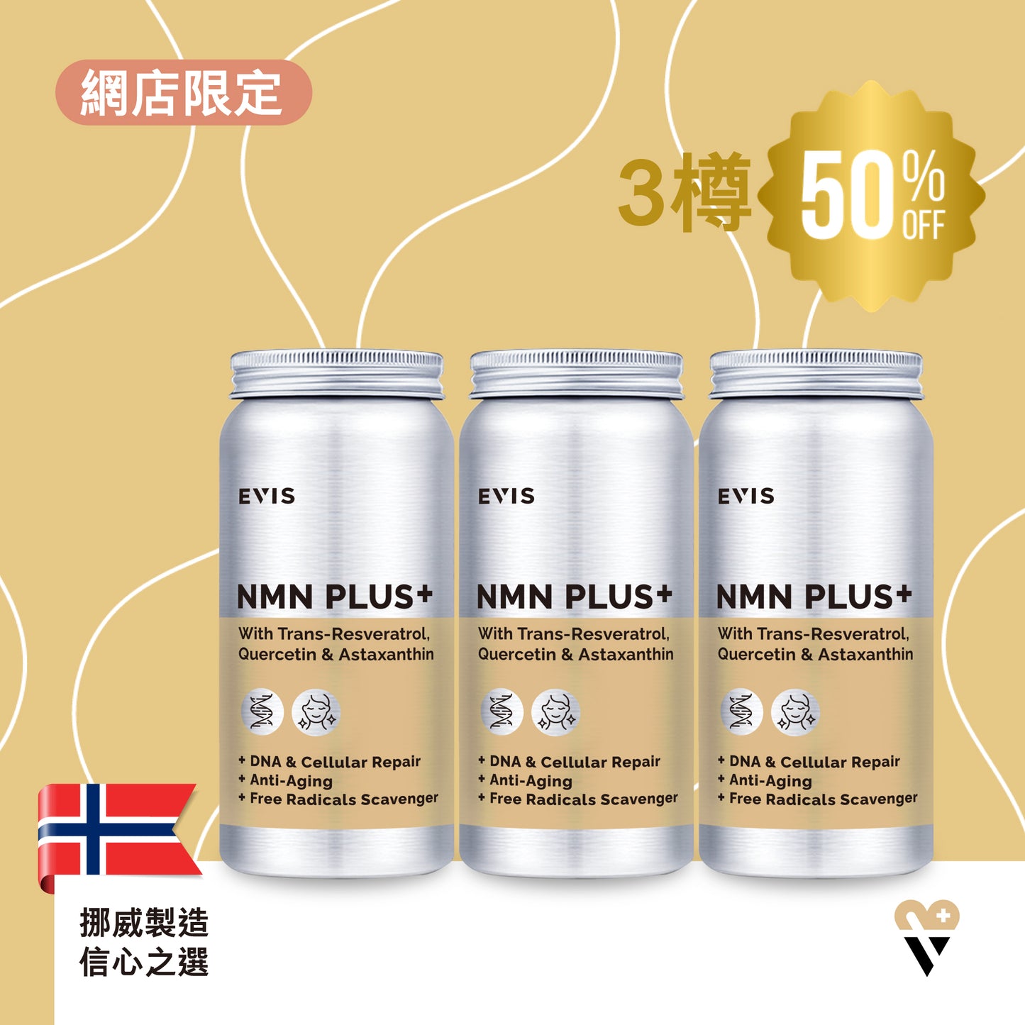【50%OFF】NMN PLUS+研活美肌 (添加白藜蘆醇、槲黃素及蝦青素) | 3樽裝